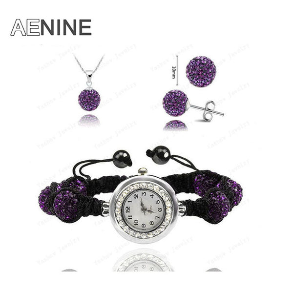 AENINE Watch Sets Necklace+Bracelet+Earrings Crystal Jewelry Watch Sets 10mm Micro Pave Disco Beads Crystal Jewelry Sets SHSE11
