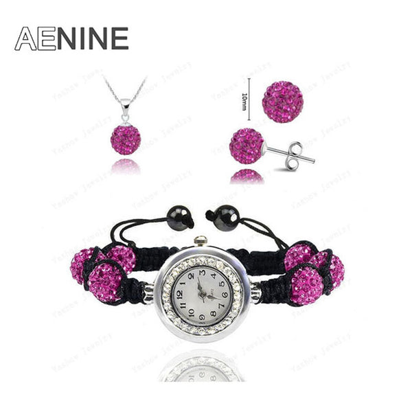 AENINE Watch Sets Necklace+Bracelet+Earrings Crystal Jewelry Watch Sets 10mm Micro Pave Disco Beads Crystal Jewelry Sets SHSE11