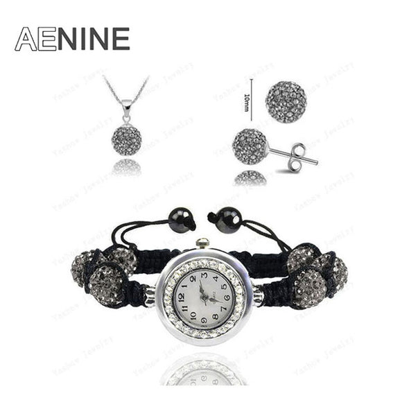 AENINE Watch Sets Necklace+Bracelet+Earrings Crystal Jewelry Watch Sets 10mm Micro Pave Disco Beads Crystal Jewelry Sets SHSE11