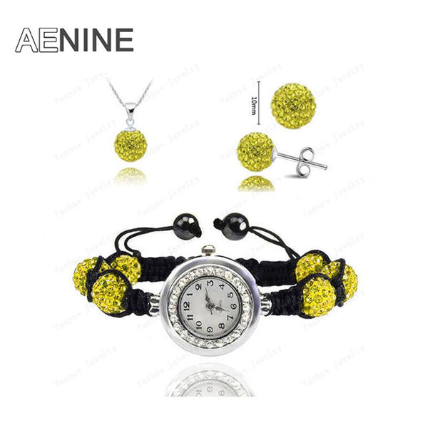 AENINE Watch Sets Necklace+Bracelet+Earrings Crystal Jewelry Watch Sets 10mm Micro Pave Disco Beads Crystal Jewelry Sets SHSE11