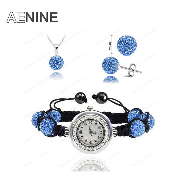 AENINE Watch Sets Necklace+Bracelet+Earrings Crystal Jewelry Watch Sets 10mm Micro Pave Disco Beads Crystal Jewelry Sets SHSE11