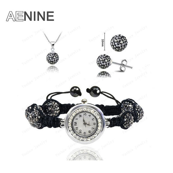 AENINE Watch Sets Necklace+Bracelet+Earrings Crystal Jewelry Watch Sets 10mm Micro Pave Disco Beads Crystal Jewelry Sets SHSE11
