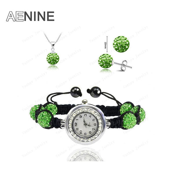 AENINE Watch Sets Necklace+Bracelet+Earrings Crystal Jewelry Watch Sets 10mm Micro Pave Disco Beads Crystal Jewelry Sets SHSE11