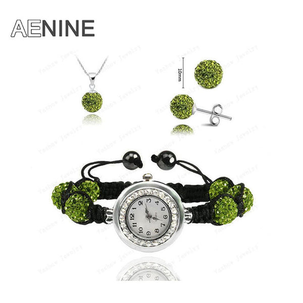 AENINE Watch Sets Necklace+Bracelet+Earrings Crystal Jewelry Watch Sets 10mm Micro Pave Disco Beads Crystal Jewelry Sets SHSE11