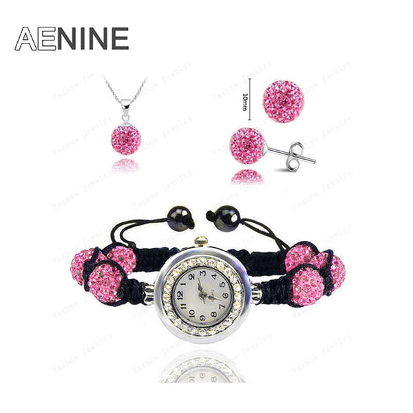 AENINE Watch Sets Necklace+Bracelet+Earrings Crystal Jewelry Watch Sets 10mm Micro Pave Disco Beads Crystal Jewelry Sets SHSE11
