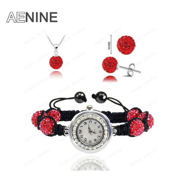 AENINE Watch Sets Necklace+Bracelet+Earrings Crystal Jewelry Watch Sets 10mm Micro Pave Disco Beads Crystal Jewelry Sets SHSE11
