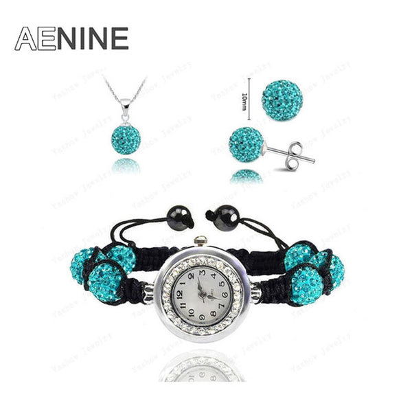 AENINE Watch Sets Necklace+Bracelet+Earrings Crystal Jewelry Watch Sets 10mm Micro Pave Disco Beads Crystal Jewelry Sets SHSE11