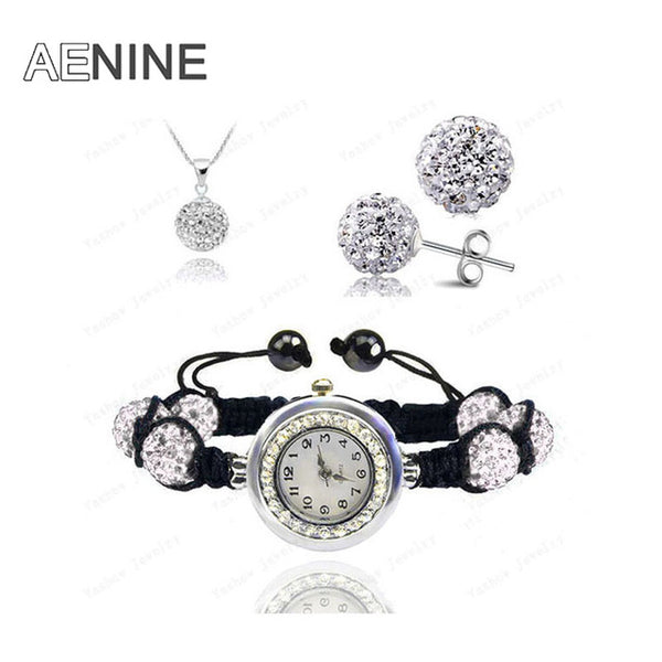 AENINE Watch Sets Necklace+Bracelet+Earrings Crystal Jewelry Watch Sets 10mm Micro Pave Disco Beads Crystal Jewelry Sets SHSE11