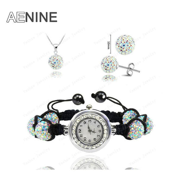 AENINE Watch Sets Necklace+Bracelet+Earrings Crystal Jewelry Watch Sets 10mm Micro Pave Disco Beads Crystal Jewelry Sets SHSE11