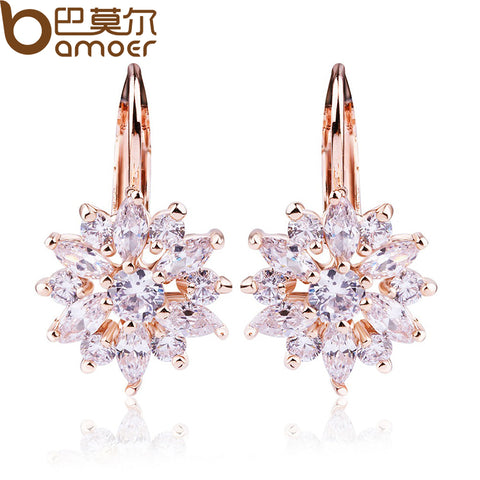 BAMOER 3 Colors Luxury Gold Color Flower Stud Earrings with Zircon Stone Women Birthday Gift Bijouterie JIE014