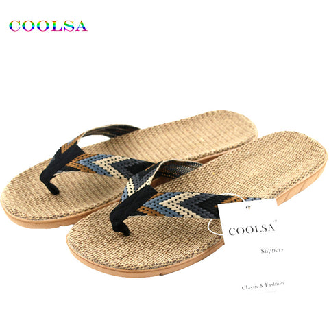 New Summer Men Linen Flip Flop Striped Ribbon Sandals Flat EVA Non-Slip Linen Slides Home Slipper Man Casual Straw Beach Shoes