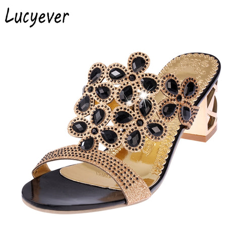 Lucyever Women Summer Fashion Rhinestone Slipper Sexy Hollow Out Chunky High Heels Sandals Crystal Party Shoes Woman Flip Flops