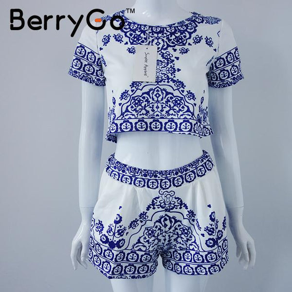 BerryGo 2016 summer style porcelain print two piece jumpsuit romper Women short sleeve crop top playsuit female Vintage overall