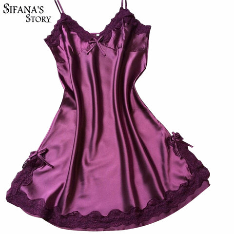 Ladies Sexy Silk Satin Night Dress Sleeveless Nighties V-neck Nightgown Solid Nightdress Lace Night Gown Sleepwear For Women