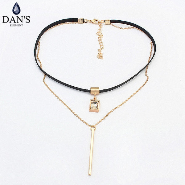 DAN'S New Fashion Retro Geometric&Crystal Pendant Collar Double chains leather simple choker necklace gift for women girl 122906