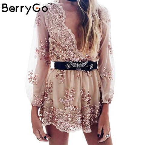 BerryGo Deep v sequin playsuit women Tassel short mesh bodysuit summer beach club elegant jumpsuit rompers embroidery leotard