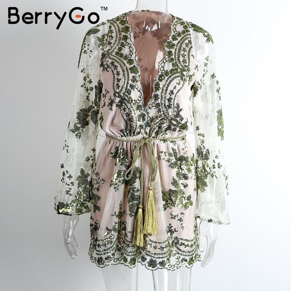 BerryGo Deep v sequin playsuit women Tassel short mesh bodysuit summer beach club elegant jumpsuit rompers embroidery leotard