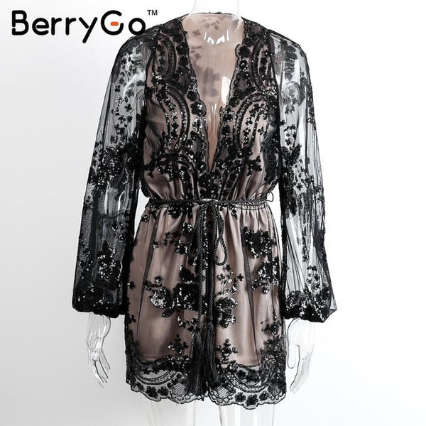 BerryGo Deep v sequin playsuit women Tassel short mesh bodysuit summer beach club elegant jumpsuit rompers embroidery leotard