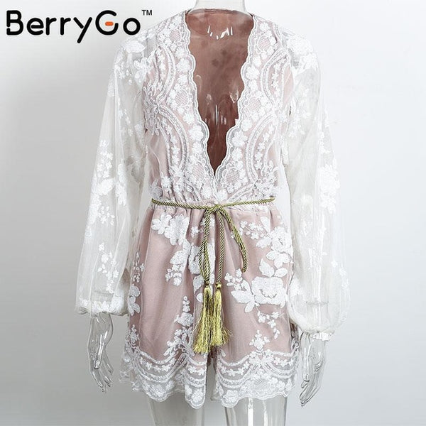 BerryGo Deep v sequin playsuit women Tassel short mesh bodysuit summer beach club elegant jumpsuit rompers embroidery leotard