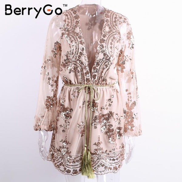 BerryGo Deep v sequin playsuit women Tassel short mesh bodysuit summer beach club elegant jumpsuit rompers embroidery leotard