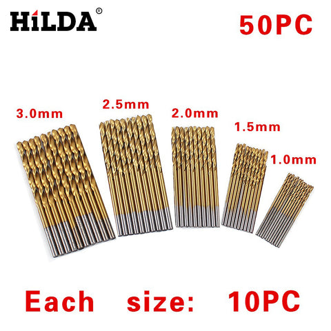 HILDA 50Pcs/Set Twist Drill Bit Set Saw Set HSS High Steel Titanium Coated Drill Woodworking Wood Tool 1/1.5/2/2.5/3mm For Metal