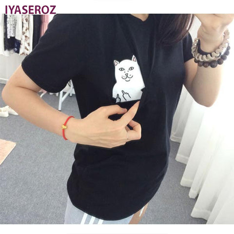 Women T Shirt 2017 Summer Style T-shirt Print Black Pocket Cat Harajuku O-neck Short Sleeve Cotton Couple Tee Plus Size Tees