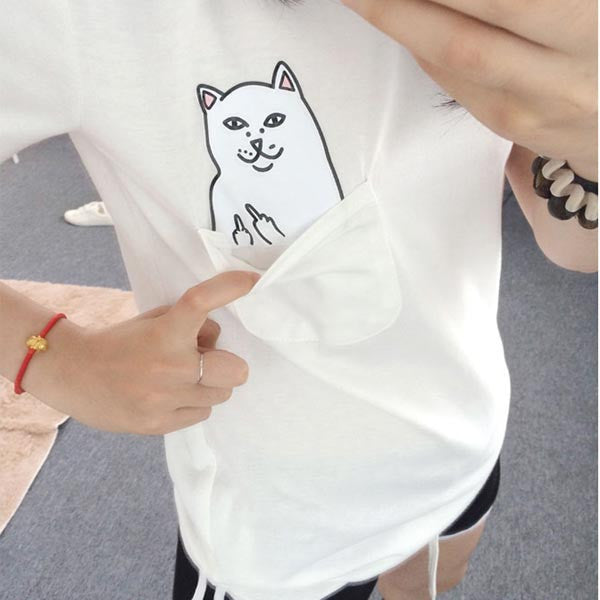 Women T Shirt 2017 Summer Style T-shirt Print Black Pocket Cat Harajuku O-neck Short Sleeve Cotton Couple Tee Plus Size Tees