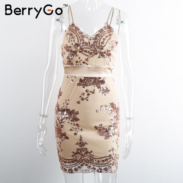 BerryGo Elegant evening party sequin dress Women sexy deep v neck bodycon dress short beach summer casual dress mesh vestidos