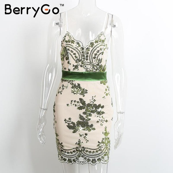 BerryGo Elegant evening party sequin dress Women sexy deep v neck bodycon dress short beach summer casual dress mesh vestidos