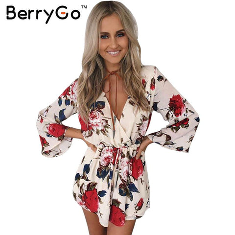 BerryGo Boho floral elegant jumpsuit romper Women summer sexy v neck one piece playsuit Beach sashes white chiffon overalls