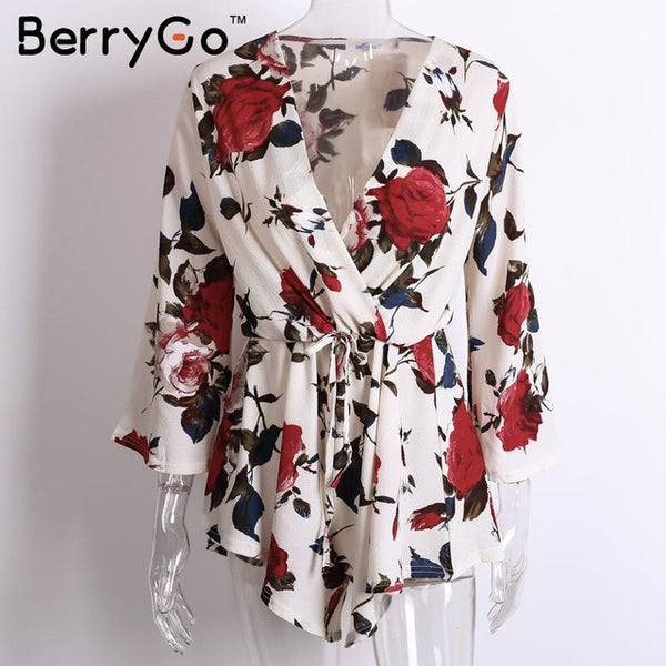 BerryGo Boho floral elegant jumpsuit romper Women summer sexy v neck one piece playsuit Beach sashes white chiffon overalls