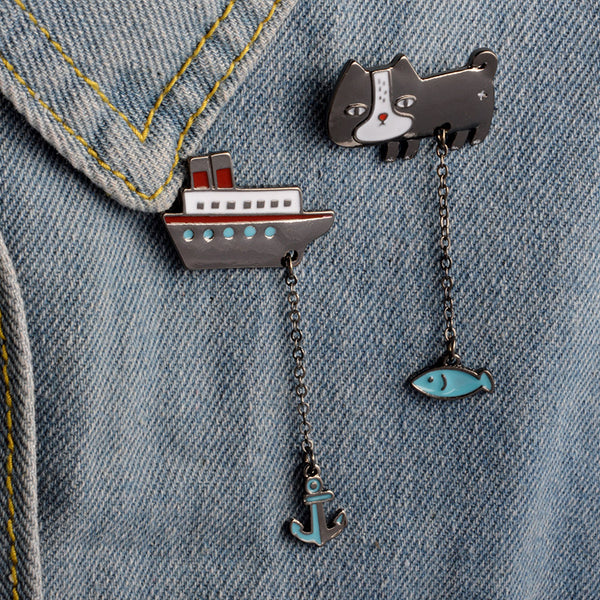 Cute Cartoon Cat Kitten Fish Sailing Boat Anchor Metal Brooch Pins with Chain DIY Button Pin Denim Jacket Pin Badge Gift Jewelry