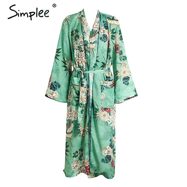 Simplee Floral print blouse shirt  long kimono Women sashes pocket  kimono cardigan Elegent long sleeve summer blouse blusas