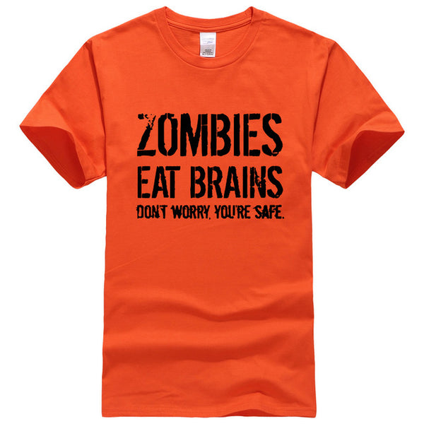 Funny Zombies Eat Brains So You'Re Safe TShirt Men's Letter Printed Short Sleeve O-Neck T-Shirts Fashion Hip Hop Streetwear Tops