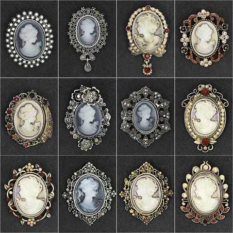 Factory Direct Sale Assorted Styles Crystal Rhinestones Cameo Vintage Brooch Pins for Women in Antique Gold / Silver Colors