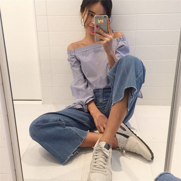 2017 Sexy Women Blouses Slash Neck Off Shoulder Tops Bow Long Sleeve Casual Shirts Blue White Striped Party Blusas Plus Size 3XL