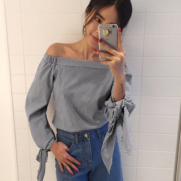 2017 Sexy Women Blouses Slash Neck Off Shoulder Tops Bow Long Sleeve Casual Shirts Blue White Striped Party Blusas Plus Size 3XL