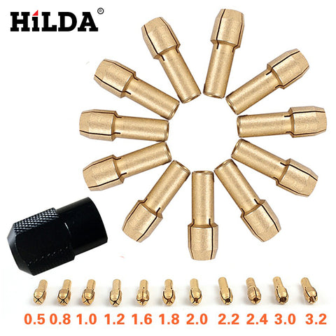 HILDA 12 pcs/set Brass Collet Chuck 0.5/0.8/1.0/1.2/1.6/1.8/2.0/2.2/2.4/3.0/3.2mm + M8*0.75 Chuck For Rotary Tools Accessories