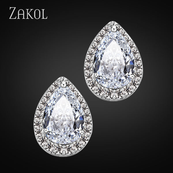 ZAKOL Fashion Big Pear Cubic Zircon Stud Earrings with Tiny Crystal Exquisite Sliver Color Bridal Wedding Jewelry Aretes FSEP001