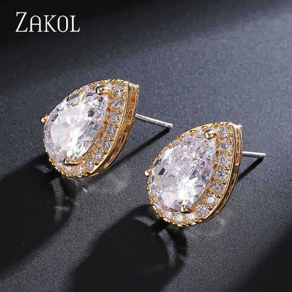ZAKOL Fashion Big Pear Cubic Zircon Stud Earrings with Tiny Crystal Exquisite Sliver Color Bridal Wedding Jewelry Aretes FSEP001