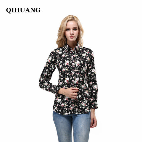 QIHUANG Fashion Brand Women Blouse Shirts 2017 Floral Cotton Turn-down Collar Shirts Plus Size Causal Long Sleeve Female Shirts