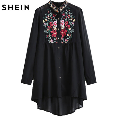 SHEIN Women Tops Fashion Stand Collar Long Sleeve Floral Embroidered Dipped Hem European Brand Spring Black Vintage Blouse