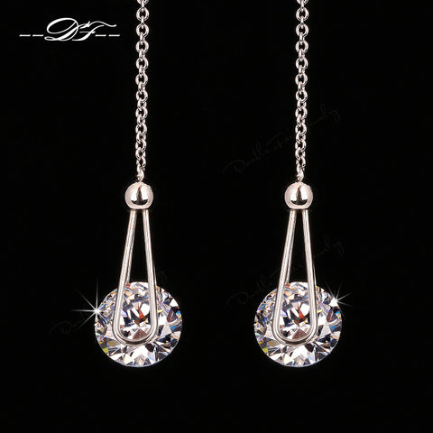 Double Fair 2 Carat AAA+Cubic Zirconia Drop/Dangle Line Earrings Silver/Rose Gold Color Long Chain Ear Jewelry For Women DFE684