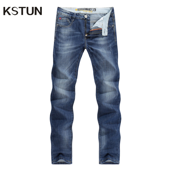 KSTUN Men Jeans Business Casual Thin Summer Straight Slim Fit Blue Jeans Stretch Denim Pants Trousers Classic Cowboys Young Man