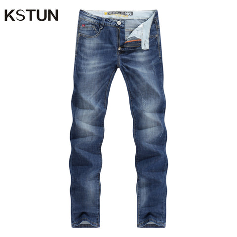 KSTUN Men Jeans Business Casual Thin Summer Straight Slim Fit Blue Jeans Stretch Denim Pants Trousers Classic Cowboys Young Man