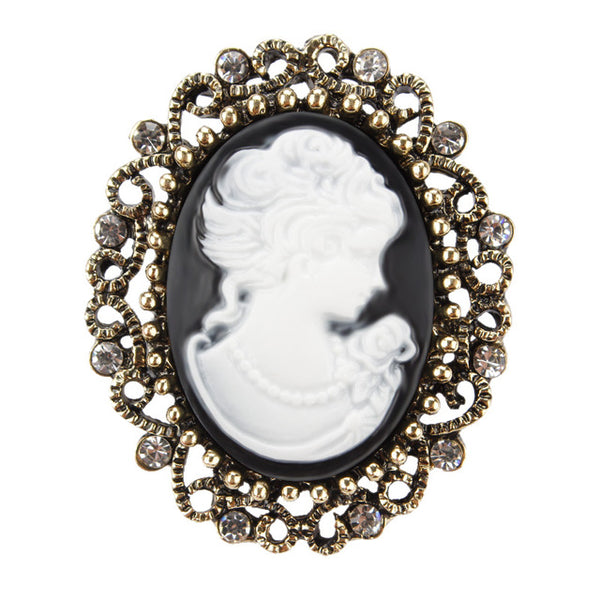 Factory Direct Sale Vintage Queen's Cameo Crystal Brooch Pins for Women in Antique Gold color