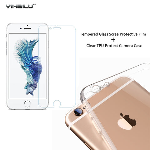TPU Case+Tempered Glass Film Set For iPhone 7 Soft Clear Slim Protective Camera Cover Back Cover iPhone7 Plus Screen Protect Set