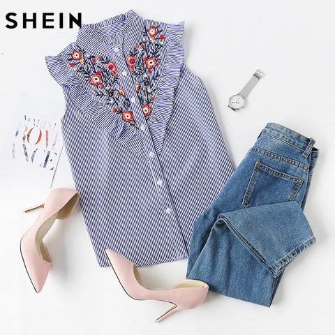 SHEIN Sleeveless Top Women Summer Women's Blouses Tops Blue Striped Ruffle Trim Embroidered Band Collar Sleeveless Blouse
