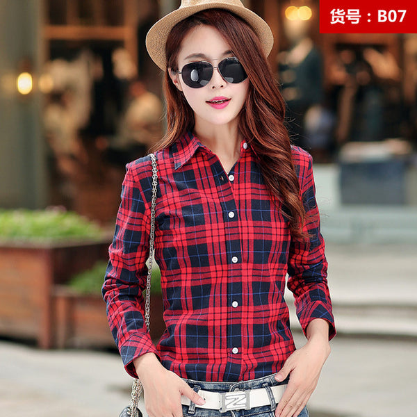 2017 Spring New Fashion Casual Lapel Plus Size Blouses women plaid shirt Checks Flannel Shirts Female Long Sleeve Tops Blouse