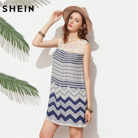 SHEIN Boho Dresses Beach Women Striped Multicolor Sleeveless Print Lace Yoke Shift Loose Tank Boho Sexy Rayon Dress